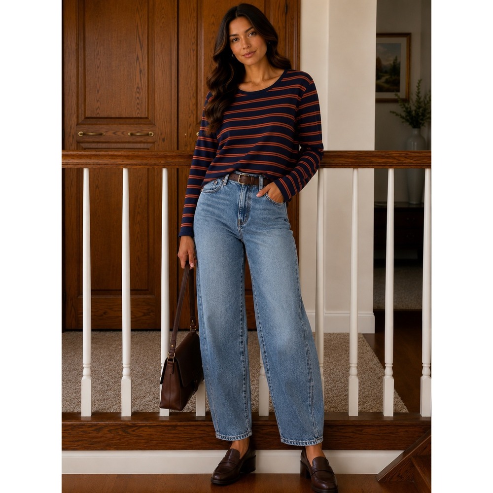 Duluth Trading Co Womens XL Navy Blue Orange Striped Long Sleeve Cotton T-Shirt